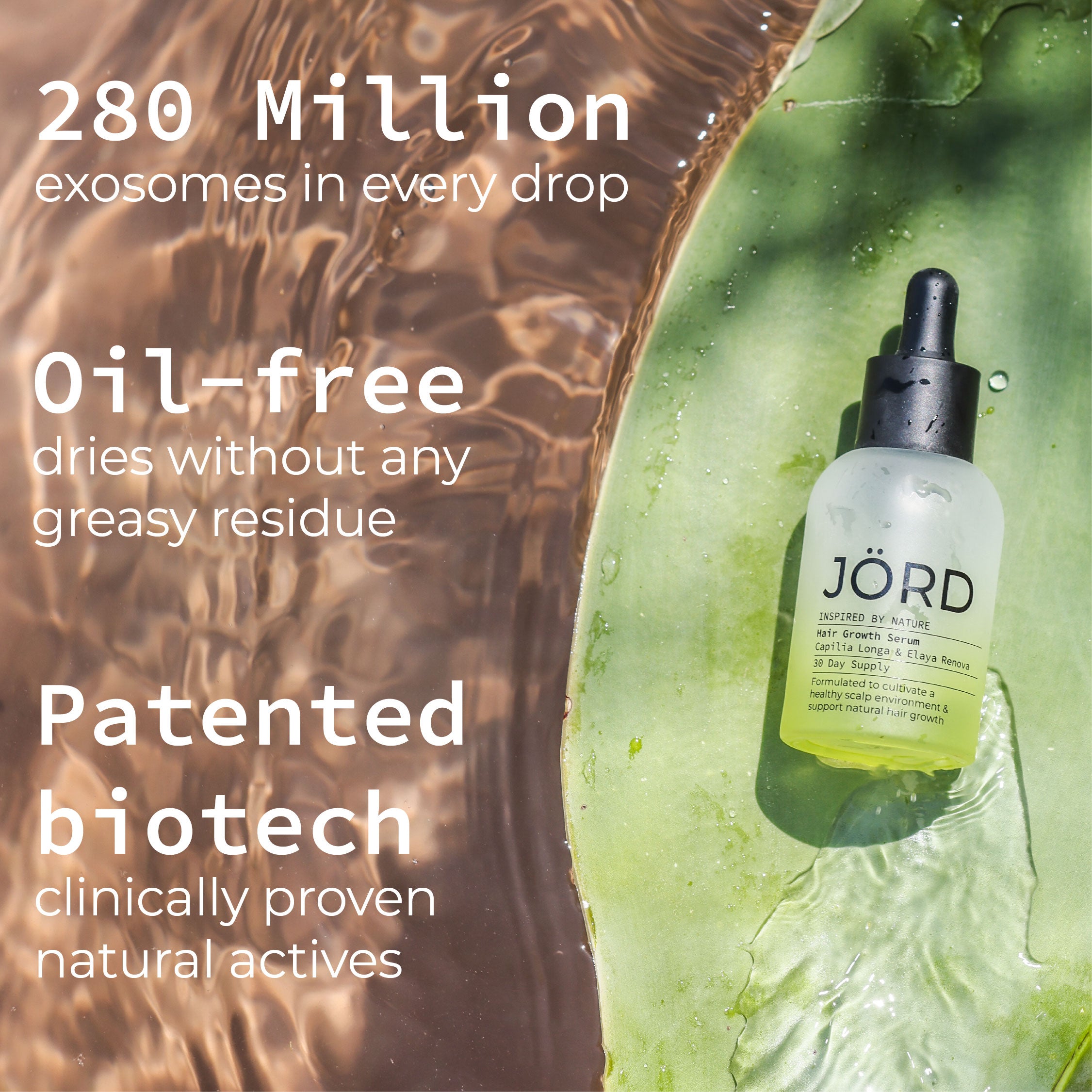 A dropper bottle of Jörd Exosome Serum placed on a green leaf with water droplets, beside a brown liquid texture. Large text on the left reads: '280 Million exosomes in every drop', 'Oil-free dries without any greasy residue', and 'Patented biotech clinically proven natural actives'.